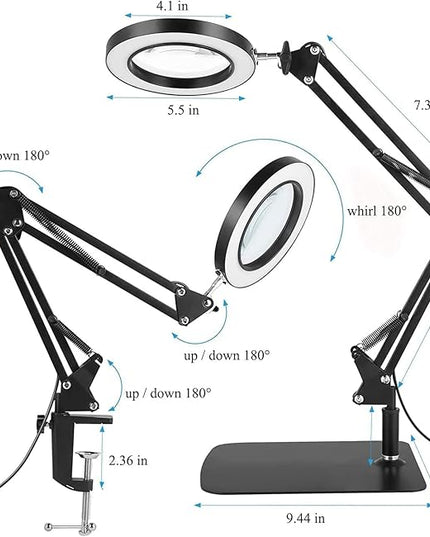 Magnifying Glass with Light and Stand,10X Magnifying LED Desk Lamp with Base & Clamp,3 Color Modes,10 Adjustable Brightness 2-in-1 Adjustable Swivel Arm Lamp Craft Light for Hobby Reading - LeafyLoom