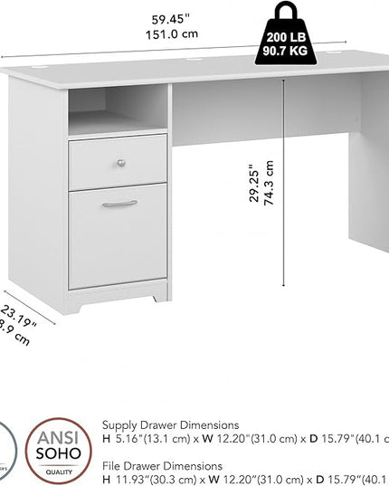 Bush Business Furniture Cabot Desks for Home Office with Storage and Chrome Hardware, Elegant Computer Table with Drawers, 60W, White - LeafyLoom