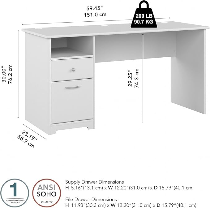 Bush Business Furniture Cabot Desks for Home Office with Storage and Chrome Hardware, Elegant Computer Table with Drawers, 60W, White - LeafyLoom