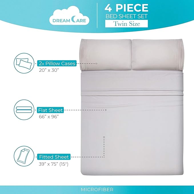 DREAMCARE Twin XL Sheet Sets - Cooling Bed Sheets - 4pcs Set - up to 15" Deep Pocket Twin XL Sheets - XL Twin Sheet Set – Soft & Long Lasting 100% Fine Brushed Polyester with Side Pocket - Light Gray - LeafyLoom