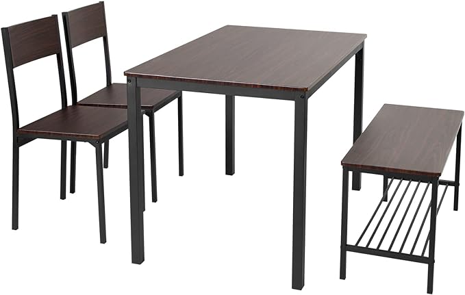 sogesfurniture 4 Piece Dining Table Set, Dining Room Set, Kitchen Dinner Table with Benches for 4, Includes Table, 2 Chairs & Bench, Brown - LeafyLoom