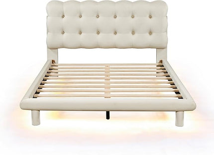 RITSU Full Size Velvet Fabric Platform Bed, Solid Wood Bedframe with LED, Button-Tufted Design Headboard, includes 16 Colors Lights Can Remote Control, No Box Spring Needed, Beige - LeafyLoom