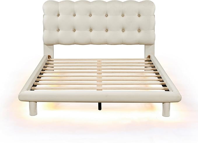 RITSU Full Size Velvet Fabric Platform Bed, Solid Wood Bedframe with LED, Button-Tufted Design Headboard, includes 16 Colors Lights Can Remote Control, No Box Spring Needed, Beige - LeafyLoom