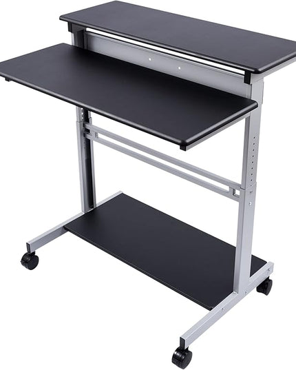Stand Up Desk Store Rolling Adjustable Height Two Tier Standing Desk Computer Workstation (Silver Frame/Black Top, 40" Wide) - LeafyLoom