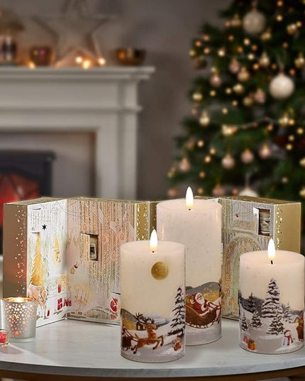 DRomance Christmas White LED Flameless Flickering Candles Battery Operated with 10-Key Remote and Timer Set of 3 Realistic 3D Wick Real Wax Holiday Flameless Pillar Candles, Santa Decal DRomance