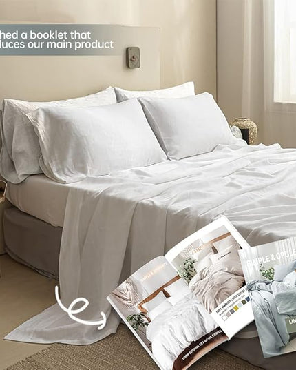 Simple&Opulence 100% Linen Sheet Set Solid Color- 6 Pcs Washed French Flax Bed Sheets (1 Flat Sheet, 1 Fitted Sheet, 4 Pillowcases) - Breathable Home Collection (Basic White, Queen) - LeafyLoom