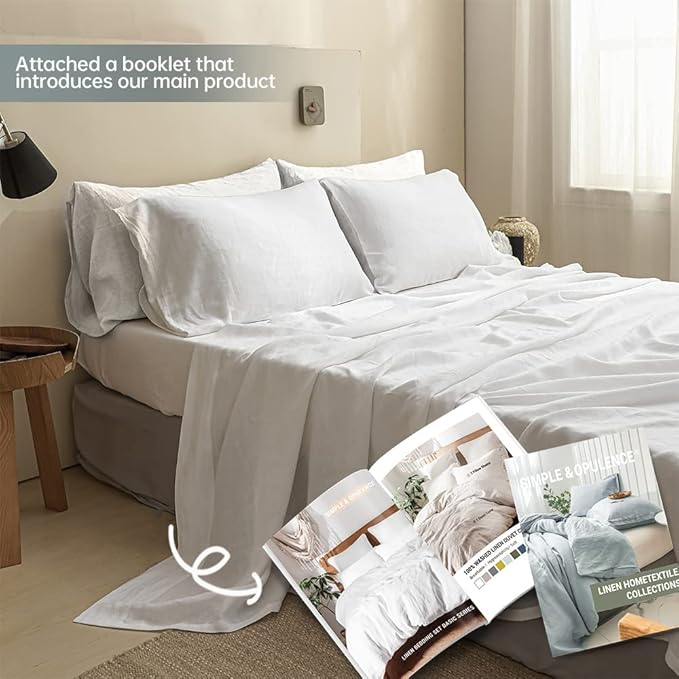 Simple&Opulence 100% Linen Sheet Set Solid Color- 6 Pcs Washed French Flax Bed Sheets (1 Flat Sheet, 1 Fitted Sheet, 4 Pillowcases) - Breathable Home Collection (Basic White, King) - LeafyLoom