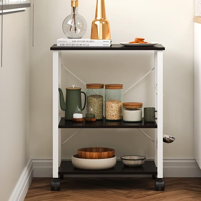 sogesfurniture 3-Tier Kitchen Baker's Rack Utility Shelf Microwave Oven Stand Storage Cart Workstation Shelf 3-Tier Kitchen Utility Cart on Wheels with Storage,Black Brown - LeafyLoom