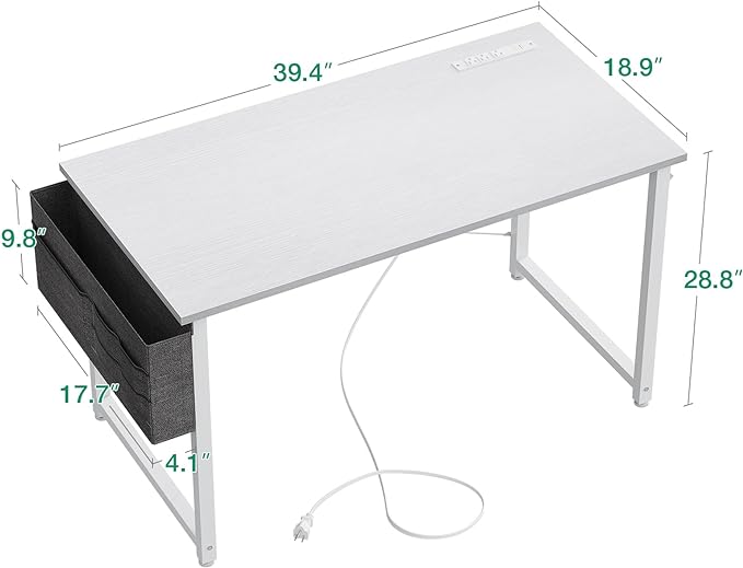 AODK 40 inch Small Computer Desk with Power Outlet for Small Spaces Home Office Student Laptop PC Writing Desks with Storage Bag Headphone Hook, White - LeafyLoom