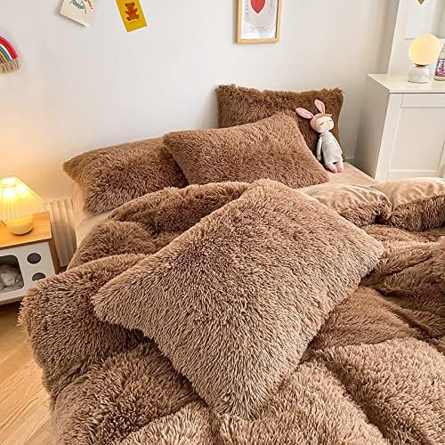 Faux Fur Kids Girls Coffee Comforter Sets Queen - 3PC Bed Set Warm Comfortable Soft Plush Flannel Velvet Fluffy Fuzzy Bedding（Comforter x 1 Pillowcases x 2） - LeafyLoom