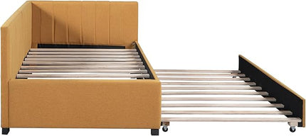 Merax Twin Size Daybed with Trundle, Linen Upholstered Sofa, Solid Wood Slats Support Wooden Day Bed Frame for Living Room, Apartment, Small Spaces, No Box Spring Needed, Yellow - LeafyLoom