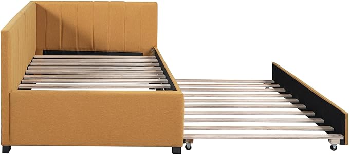 Merax Twin Size Daybed with Trundle, Linen Upholstered Sofa, Solid Wood Slats Support Wooden Day Bed Frame for Living Room, Apartment, Small Spaces, No Box Spring Needed, Yellow - LeafyLoom