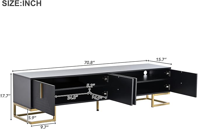Merax Modern Stand with Metal Legs, Gold Handles, Geometric Lines and Adjustable Shelves for TVs Up to 80'' Media Console Table, Luxury Storage Cabinets for Living Room, 70.8" length, Black - LeafyLoom