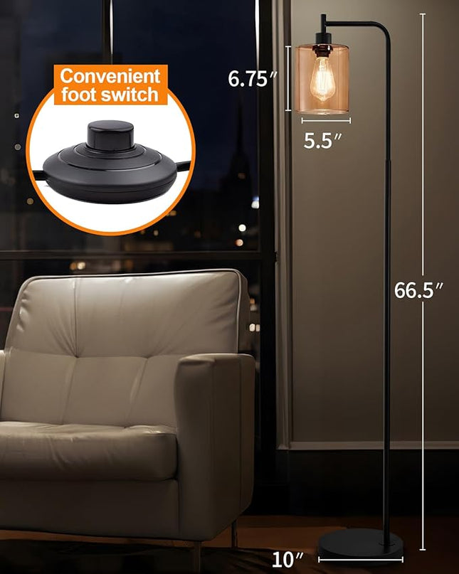 Oneach 66.5 '' Black Floor Lamps for Living Room with Glass Lampshade Tall Floor Lamp with LED Bulb Industrial Standing Lamp for Bedroom - LeafyLoom