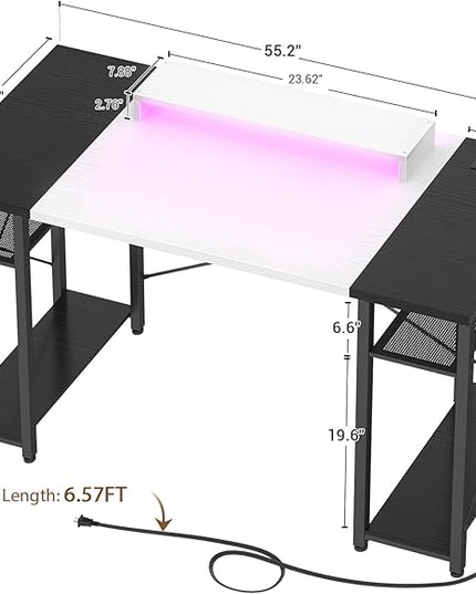 armocity Computer Desk with LED Lights, 55 Inch Desk with Power Outlet and USB, Reversible Large Desk with Moveable Monitor Stand, 55.2'' Gaming PC Table for Home Office, Workstation, White and Black - LeafyLoom