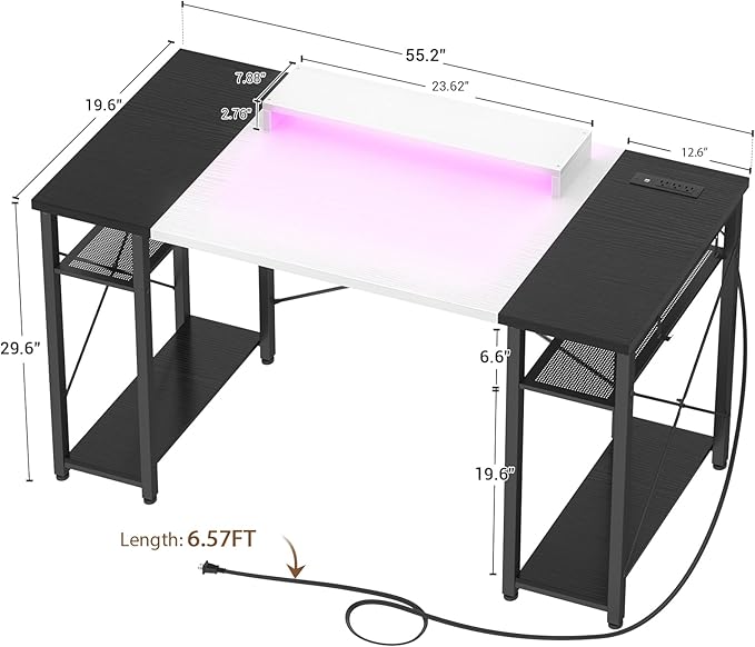 armocity Computer Desk with LED Lights, 55 Inch Desk with Power Outlet and USB, Reversible Large Desk with Moveable Monitor Stand, 55.2'' Gaming PC Table for Home Office, Workstation, White and Black - LeafyLoom