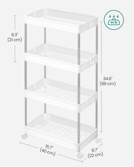 SONGMICS Slim Storage Cart, 4-Tier Rolling Cart, Narrow Utility Cart on Wheels, 6 Hooks, 360° Swivel Wheels, Lockable, Steel Frame, Bathroom, Kitchen, Office, Cloud White UKSC10WT - LeafyLoom