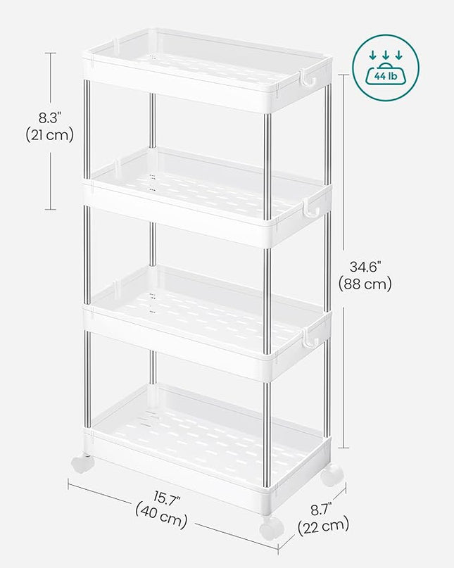 SONGMICS Slim Storage Cart, 4-Tier Rolling Cart, Narrow Utility Cart on Wheels, 6 Hooks, 360° Swivel Wheels, Lockable, Steel Frame, Bathroom, Kitchen, Office, Cloud White UKSC10WT - LeafyLoom