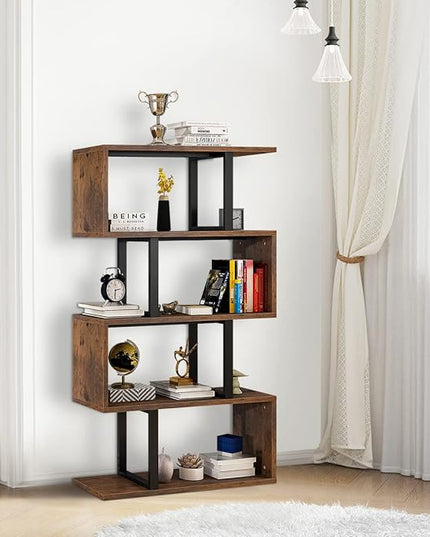 YITAHOME 5 Tiers Bookshelf, Modern S-Shaped Z-Shelf Style Bookshelves, Multifunctional Geometric Bookcase Storage Display Shelf for Living Room Bedroom Home Office, Retro Brown - LeafyLoom