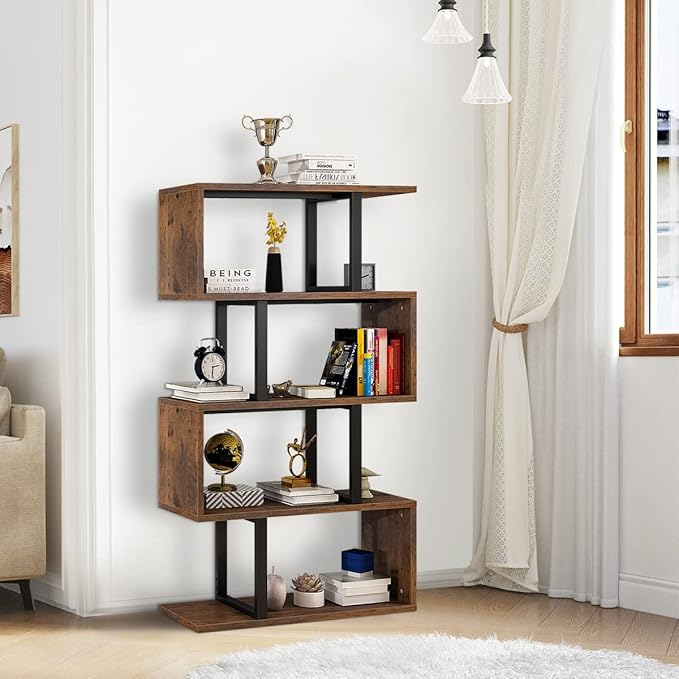 YITAHOME 5 Tiers Bookshelf, Modern S-Shaped Z-Shelf Style Bookshelves, Multifunctional Geometric Bookcase Storage Display Shelf for Living Room Bedroom Home Office, Retro Brown - LeafyLoom