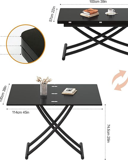 Multifunctional Lift Top Coffee Table Convertible to Folding Dining Table Space Saving Adjustable Height Rectangular Modern Coffee Table Wooden Top with Metal Legs, Black - LeafyLoom