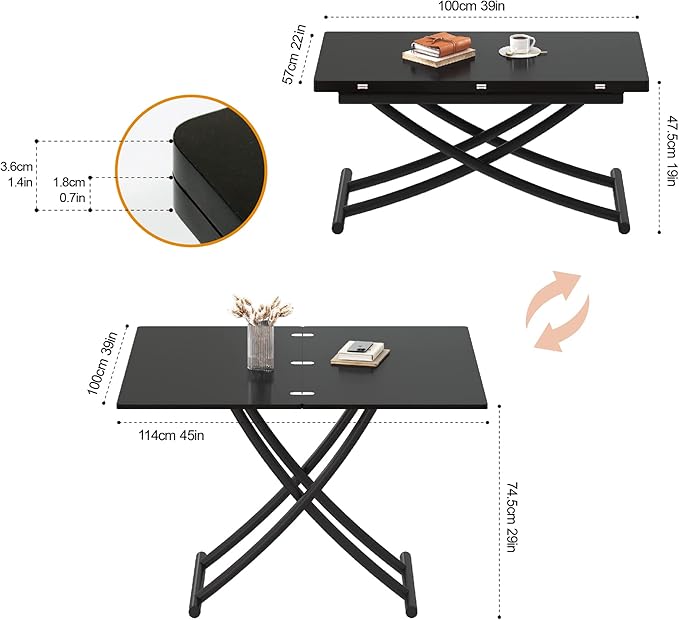 Multifunctional Lift Top Coffee Table Convertible to Folding Dining Table Space Saving Adjustable Height Rectangular Modern Coffee Table Wooden Top with Metal Legs, Black - LeafyLoom
