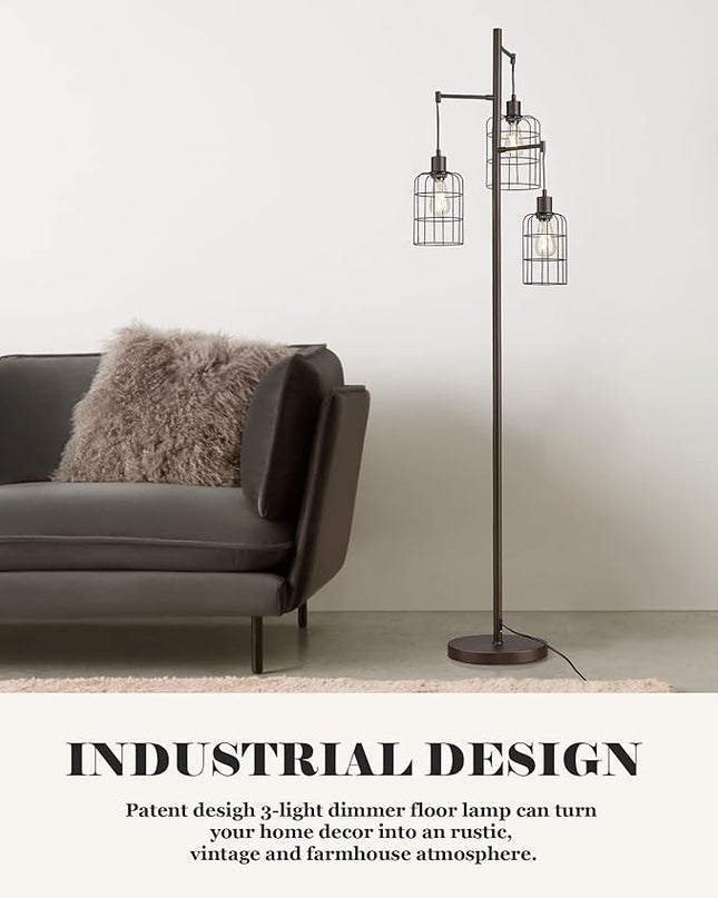 Upgraded Stepless Dimmable Tree Floor Lamp, 3 LED Edison Bulbs Included, ELYONA Farmhouse 71” Tall Pole Reading Standing Light with Industrial Cage Metal Shade for Bedroom, Living Room, Office, Bronze - LeafyLoom