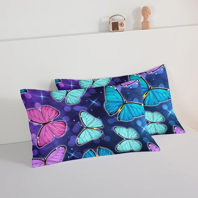 HOSIMA Butterfly Comforter Set with 2 Pillowcases,Glitter Purple Blue Butterfly Printed Bedding Set Full Size Bed in a Bag Set,Starry Sky Galaxy Comforter Butterfly Room Decor Aesthetics. - LeafyLoom