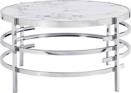 Round Coffee Table Coffee Tables for Living Room Sintered Stone Marble Top Sturdy Metal Frame (Silver, 31.50 inches) - LeafyLoom