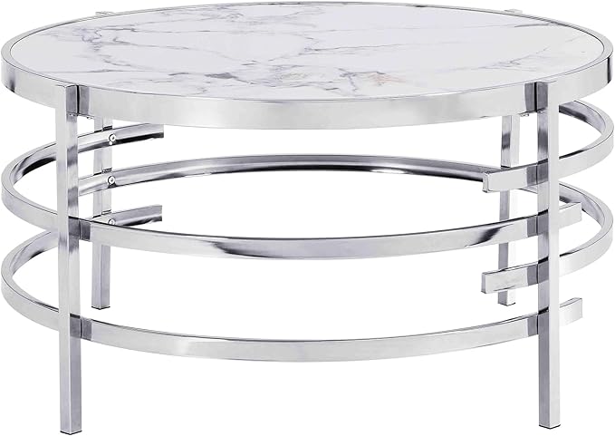 Round Coffee Table Coffee Tables for Living Room Sintered Stone Marble Top Sturdy Metal Frame (Silver, 31.50 inches) - LeafyLoom