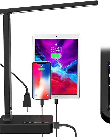 cozoo Desk Lamps for Home Office,Modern LED Desk Lamp for Dorm with 2 USB Charging Ports/Type C Port,2 AC Outlets,3 Lighting Mode,3 Level Brightness,Touch Control/Timer/Eye-Caring Foldable Table Lamp - LeafyLoom