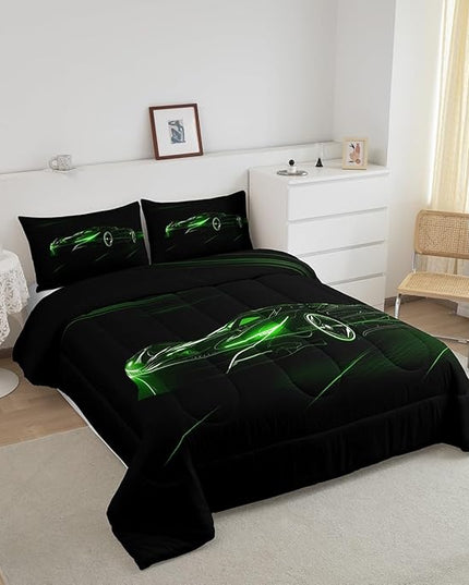 Feelyou Green Race Car Bedding Set King Size for Kids Boys Extreme Sport Games Comforter Set Teens Toddler Fast and Furious Duvet Set Cool Modern Quilt Set 3Pcs - LeafyLoom
