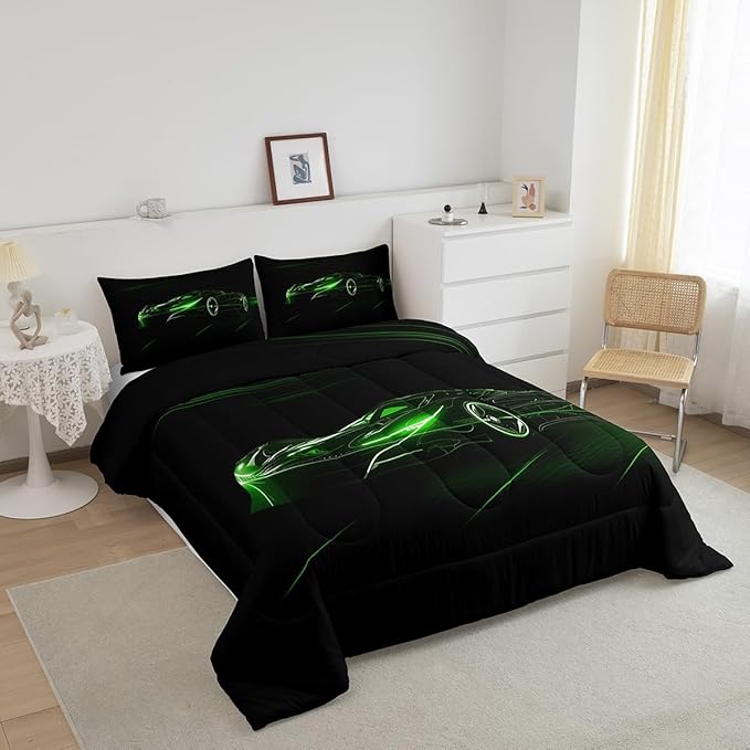 Feelyou Green Race Car Bedding Set King Size for Kids Boys Extreme Sport Games Comforter Set Teens Toddler Fast and Furious Duvet Set Cool Modern Quilt Set 3Pcs - LeafyLoom