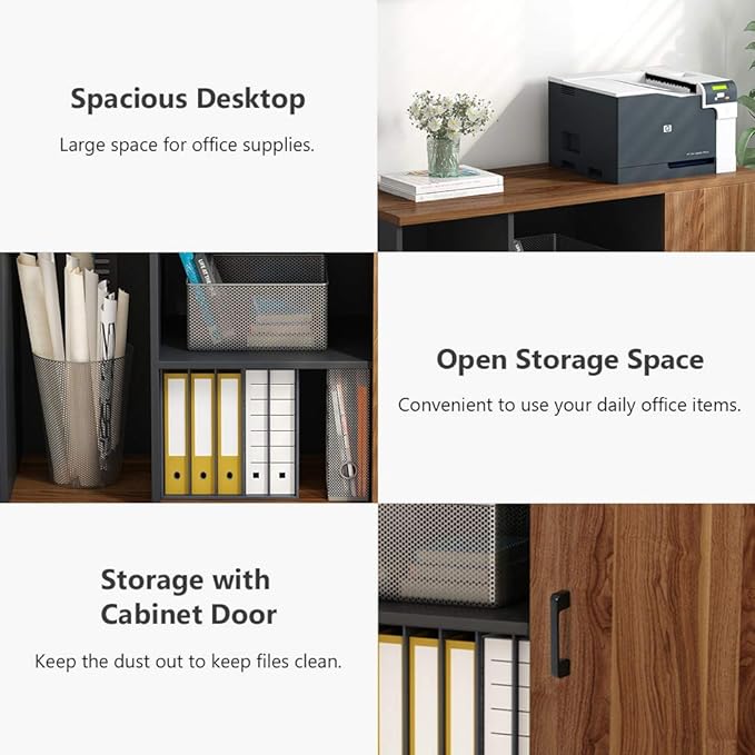 Tribesigns 39 inches File Cabinet, Large Storage Printer Stand, Mobile Filling Office Cabinet with Wheels, Doors and Open Storage Shelves,Dark Walnut - LeafyLoom