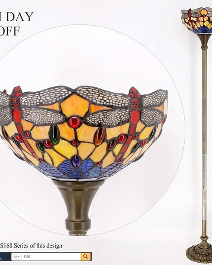 WERFACTORY Tiffany Floor Lamp Orange Blue Stained Glass Dragonfly Light 12X12X66 Inches Torchiere Standing Corner Torch Uplight Decor Bedroom Living Room Home Office S168 Series - LeafyLoom