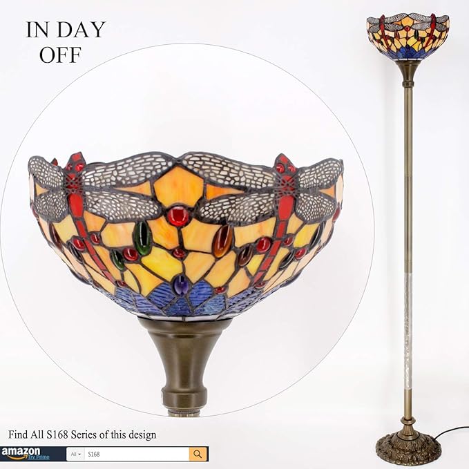 WERFACTORY Tiffany Floor Lamp Orange Blue Stained Glass Dragonfly Light 12X12X66 Inches Torchiere Standing Corner Torch Uplight Decor Bedroom Living Room Home Office S168 Series - LeafyLoom