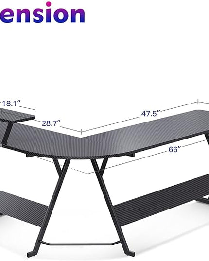 MOTPK L Shaped Gaming Desk 66 Inch, Gaming Computer Desk L Shape with Carbon Fiber Surface, Gamer Desk Gaming Table with Monitor Shelf, Cup Holder & Headphone Hook, Black - LeafyLoom