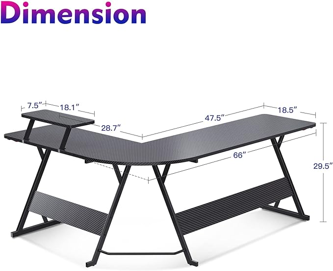MOTPK L Shaped Gaming Desk 66 Inch, Gaming Computer Desk L Shape with Carbon Fiber Surface, Gamer Desk Gaming Table with Monitor Shelf, Cup Holder & Headphone Hook, Black - LeafyLoom