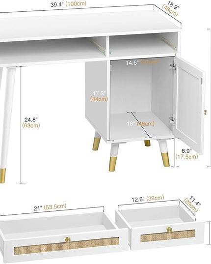 Anmytek Rattan Vanity Desk with Drawers and Storage, White Makeup Vanity Table Modern Home Office Desk Computer Desk for Study D0006 - LeafyLoom