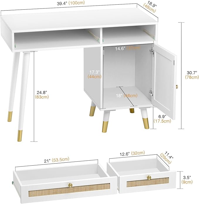 Anmytek Rattan Vanity Desk with Drawers and Storage, White Makeup Vanity Table Modern Home Office Desk Computer Desk for Study D0006 - LeafyLoom