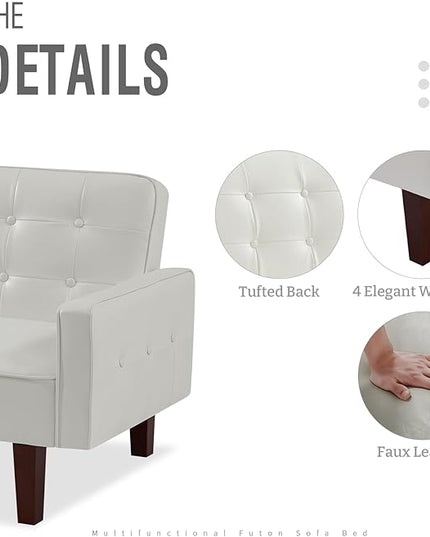 IULULU Futon Sofa Bed, Modern Convertible Faux Leather Sleeper Couch with Armrests for Studio, Office, Apartment, Compact Living, Game Room, Overnight Guests, Retro White - LeafyLoom