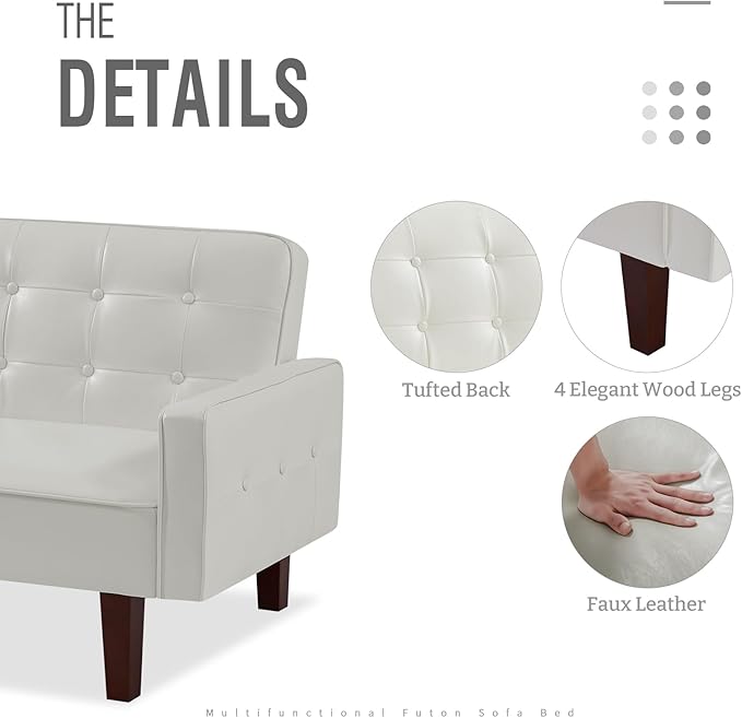 IULULU Futon Sofa Bed, Modern Convertible Faux Leather Sleeper Couch with Armrests for Studio, Office, Apartment, Compact Living, Game Room, Overnight Guests, Retro White - LeafyLoom