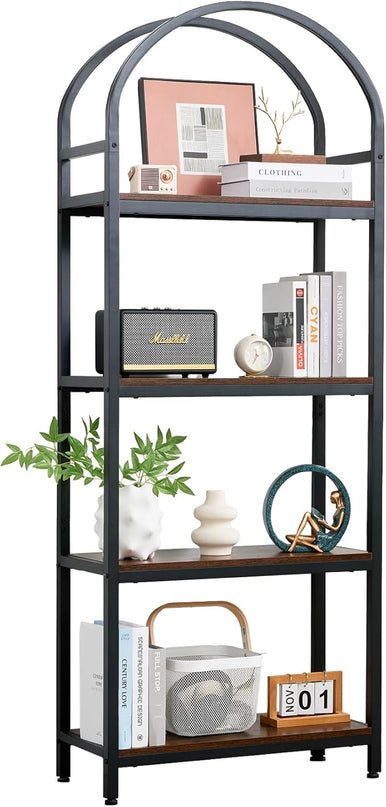 BRIAN & DANY Bookshelf, 4 Tier Tall Black Bookcase Metal Book Shelf, Larger Compartments Arched Display Shelves Open Storage Rack Shelving for Home Office, Bedroom, Living Room, Study, Antique - LeafyLoom