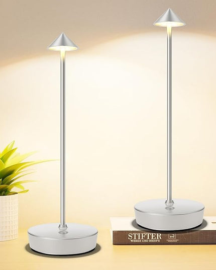 Set of 2 Rechargeable Cordless Table Lamp,6000mAh LED Battery Operated Desk Lamp Touch 3 Color Dimming Portable Outdoor Waterproof Table Light for Patio/Restaurant/Dining/Home (Silver) - LeafyLoom