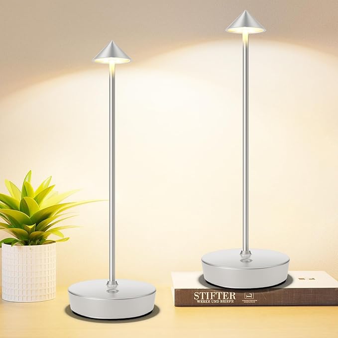 Set of 2 Rechargeable Cordless Table Lamp,6000mAh LED Battery Operated Desk Lamp Touch 3 Color Dimming Portable Outdoor Waterproof Table Light for Patio/Restaurant/Dining/Home (Silver) - LeafyLoom
