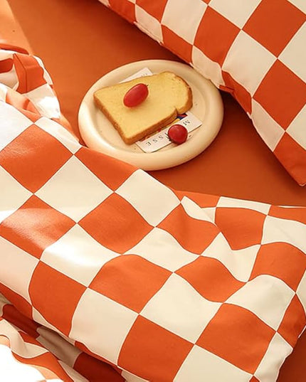 Orange White Grid Comforter Set Queen Burnt Orange Plaid Bedding Set Women Reddish and White Checkered Bed Comforter Set Breathable Blanket Set Men Durable Bedding Comforter Set - LeafyLoom