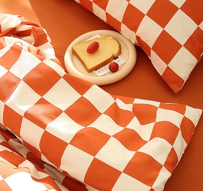 Orange White Grid Comforter Set Queen Burnt Orange Plaid Bedding Set Women Reddish and White Checkered Bed Comforter Set Breathable Blanket Set Men Durable Bedding Comforter Set - LeafyLoom