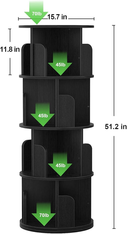 Aheaplus Rotating Bookshelf, 360 Display Corner Bookshelf for Small Space, 4 Tier Floor Standing Bookcase Storage Rack, Wood Narrow Organizer for Bedroom, Living Room, Study Room, Black - LeafyLoom