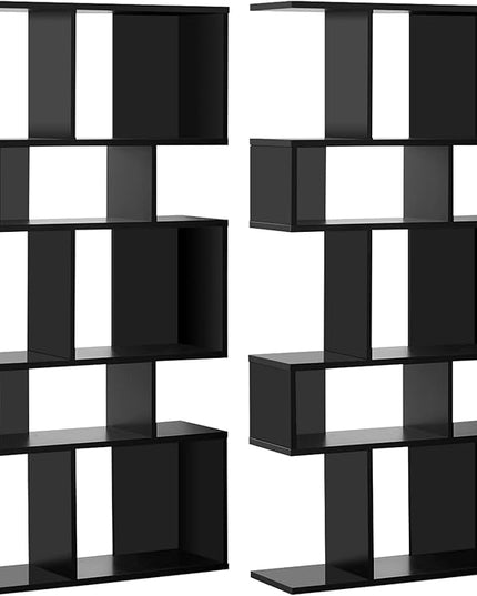 Giantex 5-Tier Geometric Bookshelf Black Set of 2, 70'' Tall Wood Freestanding Decorative Display Open Shelves with Anti-Tipping Device, Each Shelf Holds up to 44 lbs, Wooden S Shaped Bookcase - LeafyLoom