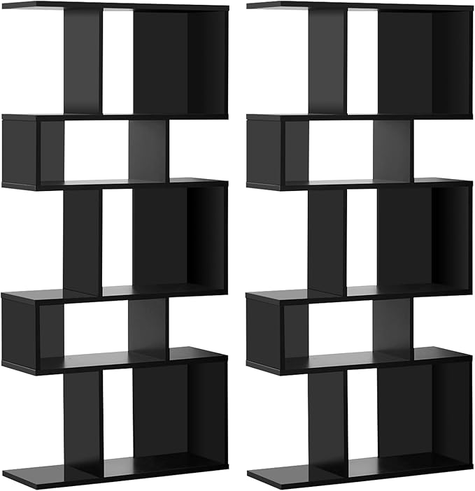Giantex 5-Tier Geometric Bookshelf Black Set of 2, 70'' Tall Wood Freestanding Decorative Display Open Shelves with Anti-Tipping Device, Each Shelf Holds up to 44 lbs, Wooden S Shaped Bookcase - LeafyLoom